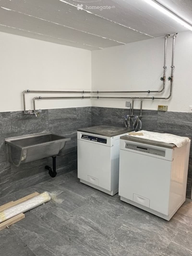Bathroom with a washing machine, dishwasher, and sink, featuring grey tiled walls and floor.