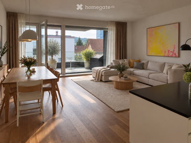 Modern living and dining area with light wood flooring, large windows, a sectional sofa, coffee table, dining table with chairs, and decorative vases.