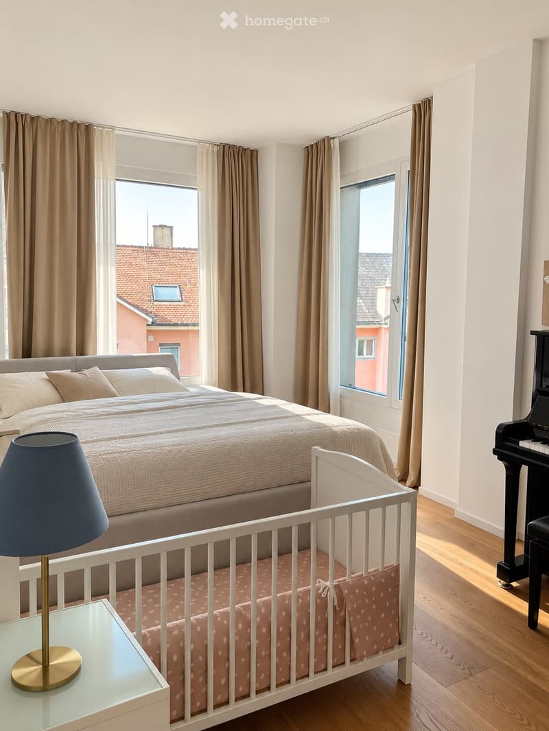 Bright bedroom with a large bed, a crib, a lamp, and a piano, featuring large windows with curtains and a view of rooftops.