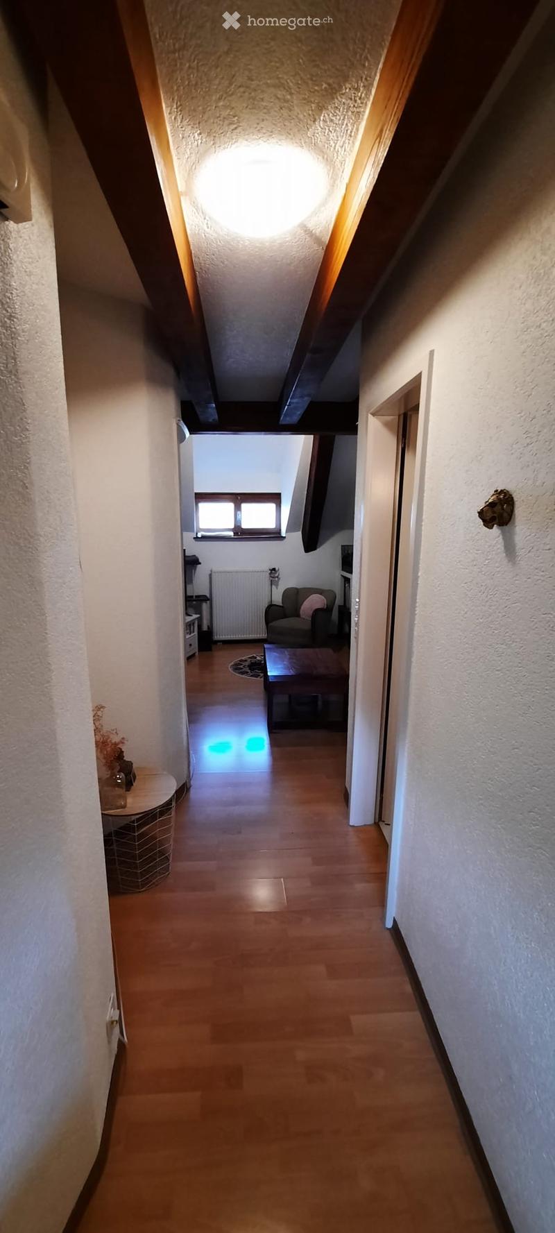 Wooden floor hallway with white walls, a round ceiling light, and a small table with a vase on the left side. A doorway leads to a living area with a sofa and coffee table visible in the background.