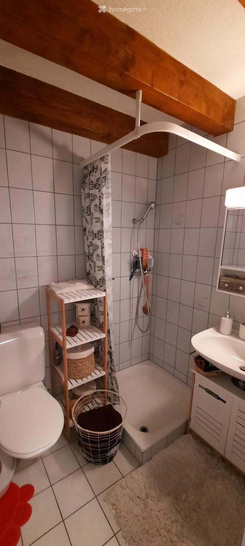Bathroom with white tiles, a toilet, a sink, a bathtub, a shower, a wooden shelf, a basket, and a fluffy rug.