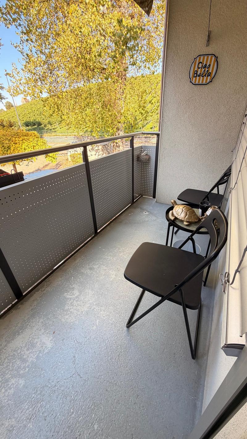 Balcony with a modern metal railing, featuring a black folding chair, a small table with a stool, and a decorative turtle on the table.