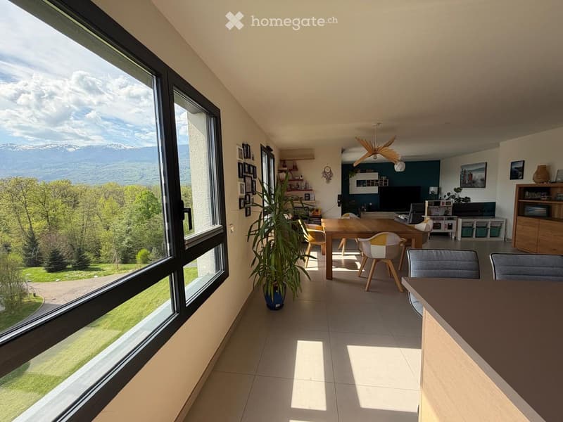 Bright living space with large windows offering a scenic mountain view, featuring a dining table with chairs, a TV, and a potted plant.