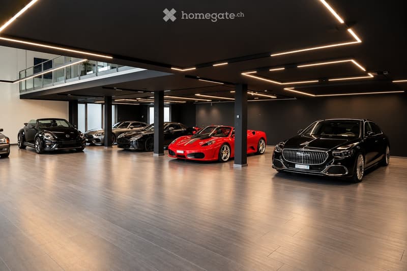 {"type": "Garage", "objects": [], "description": "Modern, spacious garage with polished wooden floors, sleek lighting, and several luxury cars parked inside, including a red Ferrari and a black Mercedes-Benz.", "localized_descriptions": {"EN": "Modern, sp
