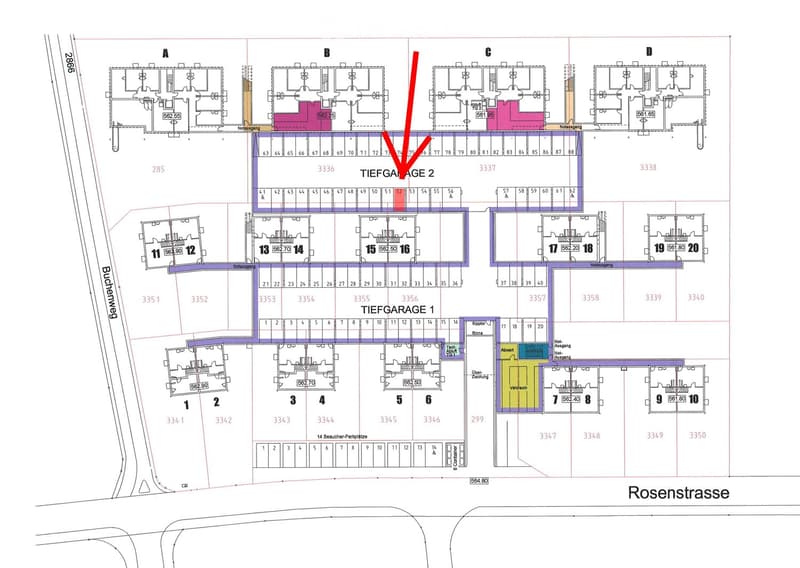 Floor plan of a multi-level building with labeled rooms, parking areas, and access points. Includes numbered spaces, corridors, and technical areas.