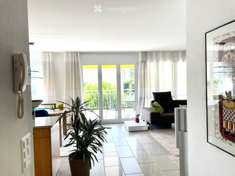 Bright living room with large sliding glass doors leading to a balcony, a dark-colored sofa, a white coffee table, a potted plant, and a dining area with a table and chairs.
