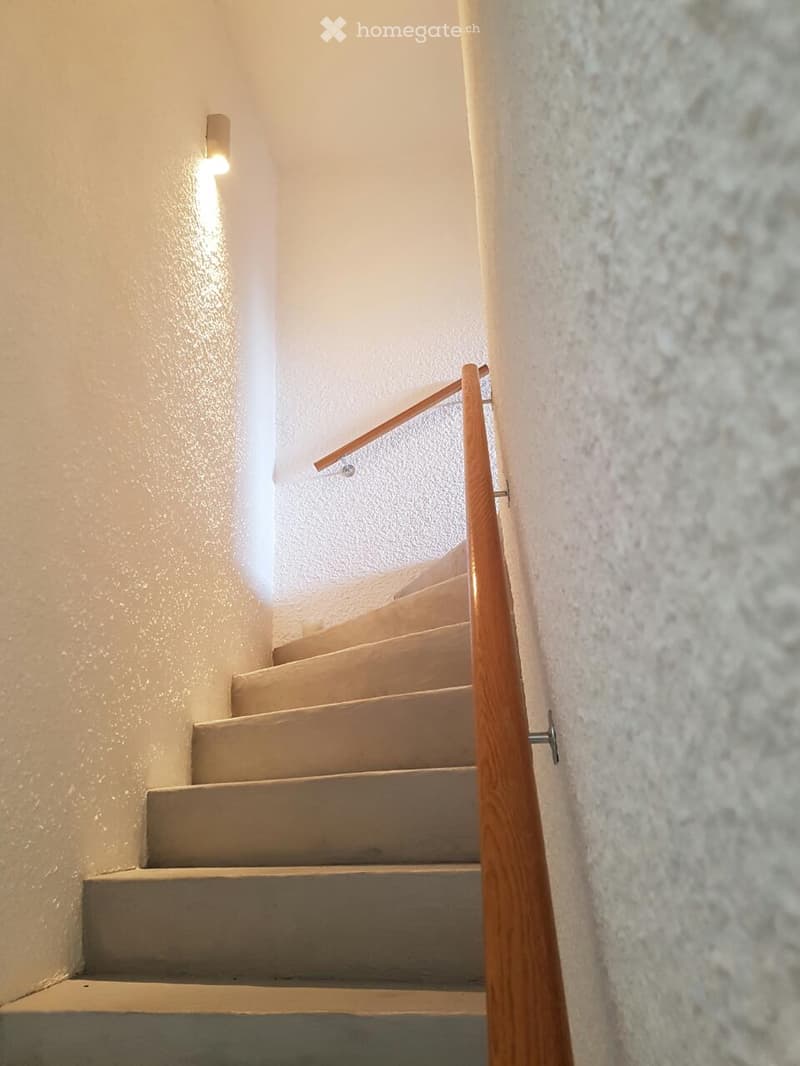 Staircase with beige steps and wooden handrail, illuminated by a wall-mounted light fixture.