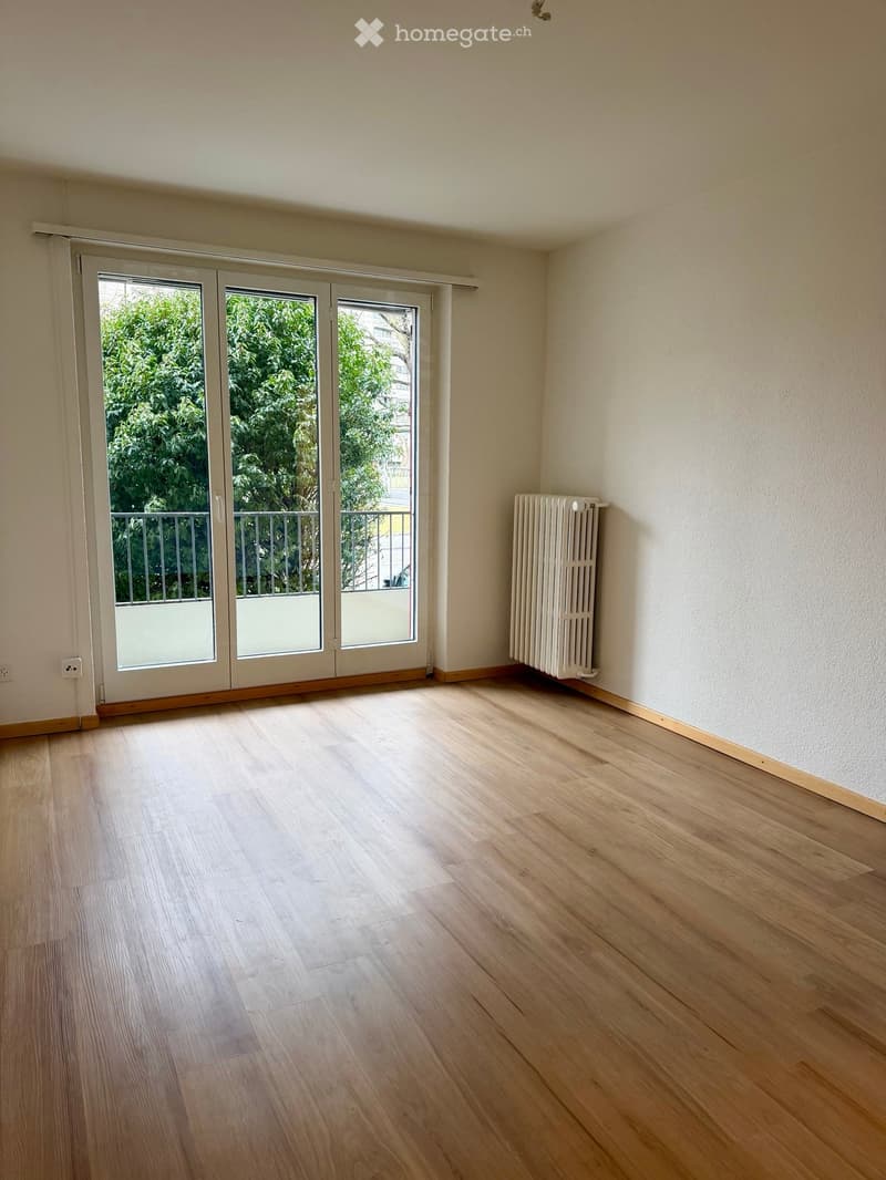 Empty room with light wooden flooring, white walls, and a sliding glass door leading to a balcony.