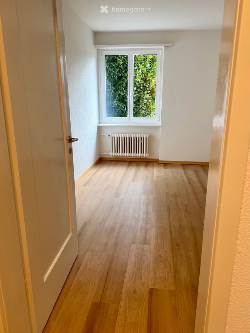 Empty hallway with wooden flooring, white walls, a single window with white frame showing greenery outside, and a radiator below the window.