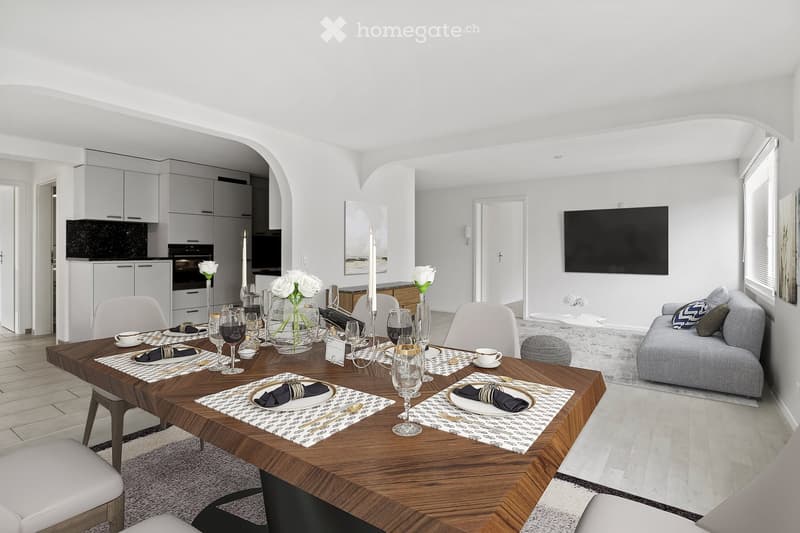 {"visible_features": [],    "type": "Room",    "description": "Dining room with a wooden table, white chairs, a gray couch, a television, and a kitchen with white cabinets and black countertops.",    "localized_descriptions":        {        "EN": "D
