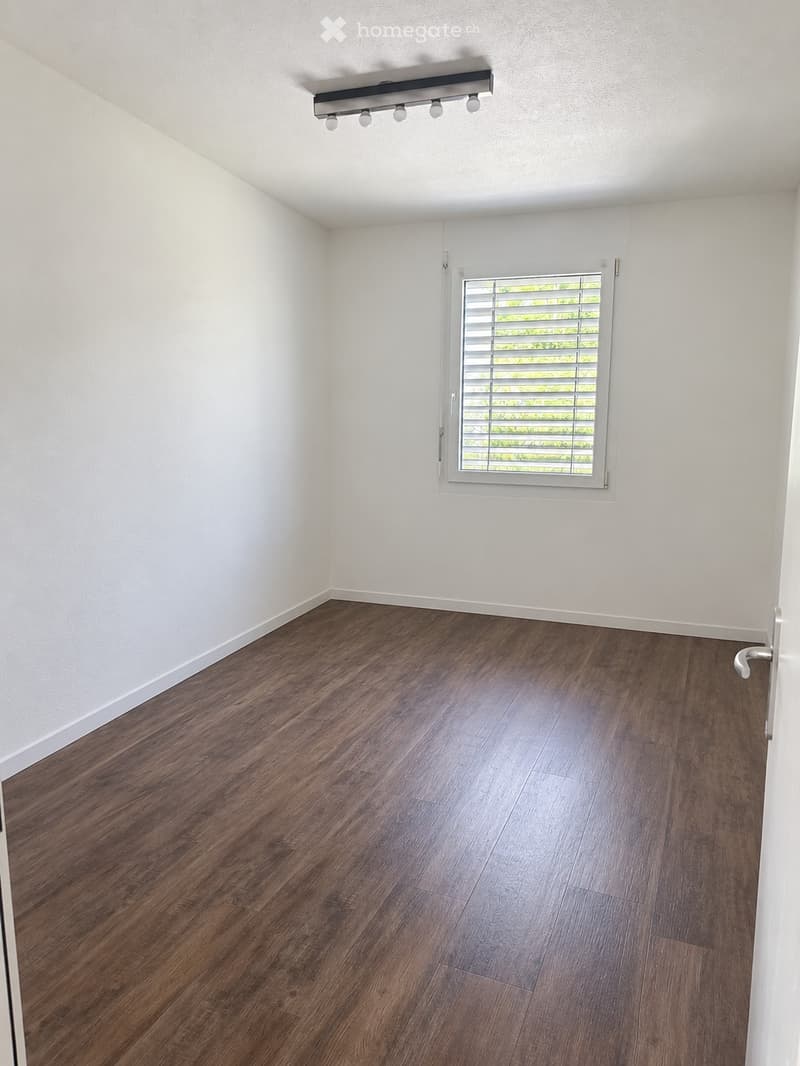 Empty room with wooden flooring, white walls, and a single window with blinds. The room features a modern ceiling light fixture and a door frame visible on the right side.