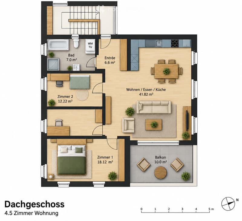 Top floor layout of a 4.5-room apartment featuring a living/dining/kitchen area, two bedrooms, a bathroom, an entrance, and a balcony.