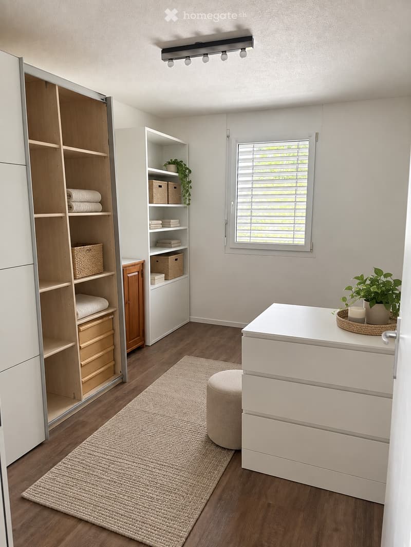 Well-lit room with wooden flooring, large wardrobe, built-in shelving unit, small round stool, white table with plant and candle, and a woven rug.