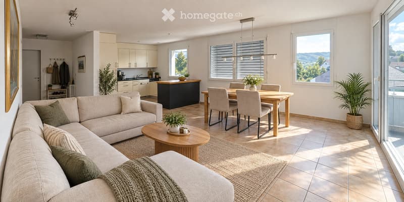 Bright, open-plan living and dining area with a beige sofa, wooden coffee table, dining table with chairs, and a kitchen island with cabinets. Large windows provide natural light, and potted plants add greenery.