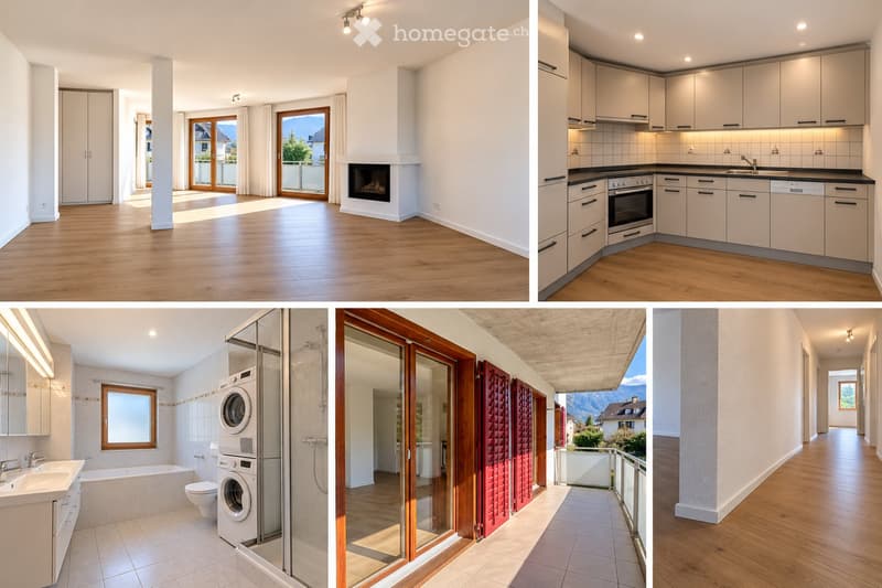 Four images showing a modern house: living room with fireplace and large windows, kitchen with white cabinets and appliances, bathroom with shower and washing machine, and a hallway with wooden flooring and a view of the mountains.
