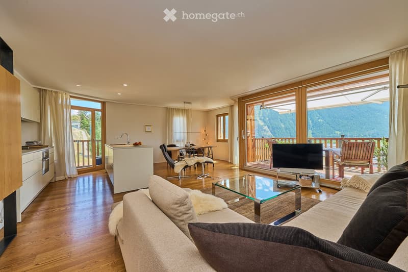 Open-plan living and dining area with a modern sofa, coffee table, TV, and a kitchen island with a sink and faucet. Large windows offer a scenic mountain view.