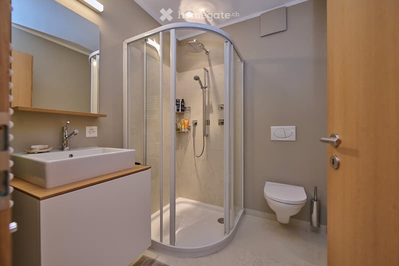 Modern bathroom with a white sink, glass-enclosed shower, toilet, and built-in shelves for toiletries.