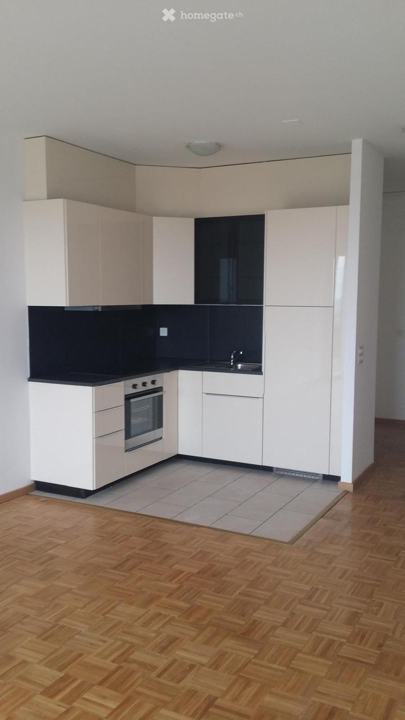 Modern kitchen with white cabinets, black countertops, and a built-in oven. Features a wooden herringbone floor and a sleek, contemporary design.