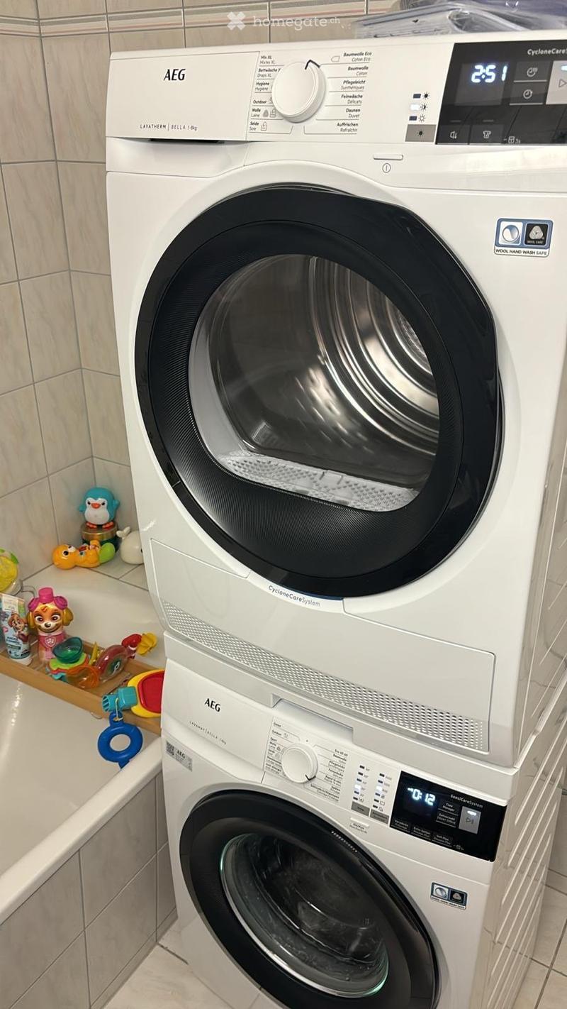 A bathroom with a white AEG washing machine and dryer stacked vertically, along with a small toy on the counter.