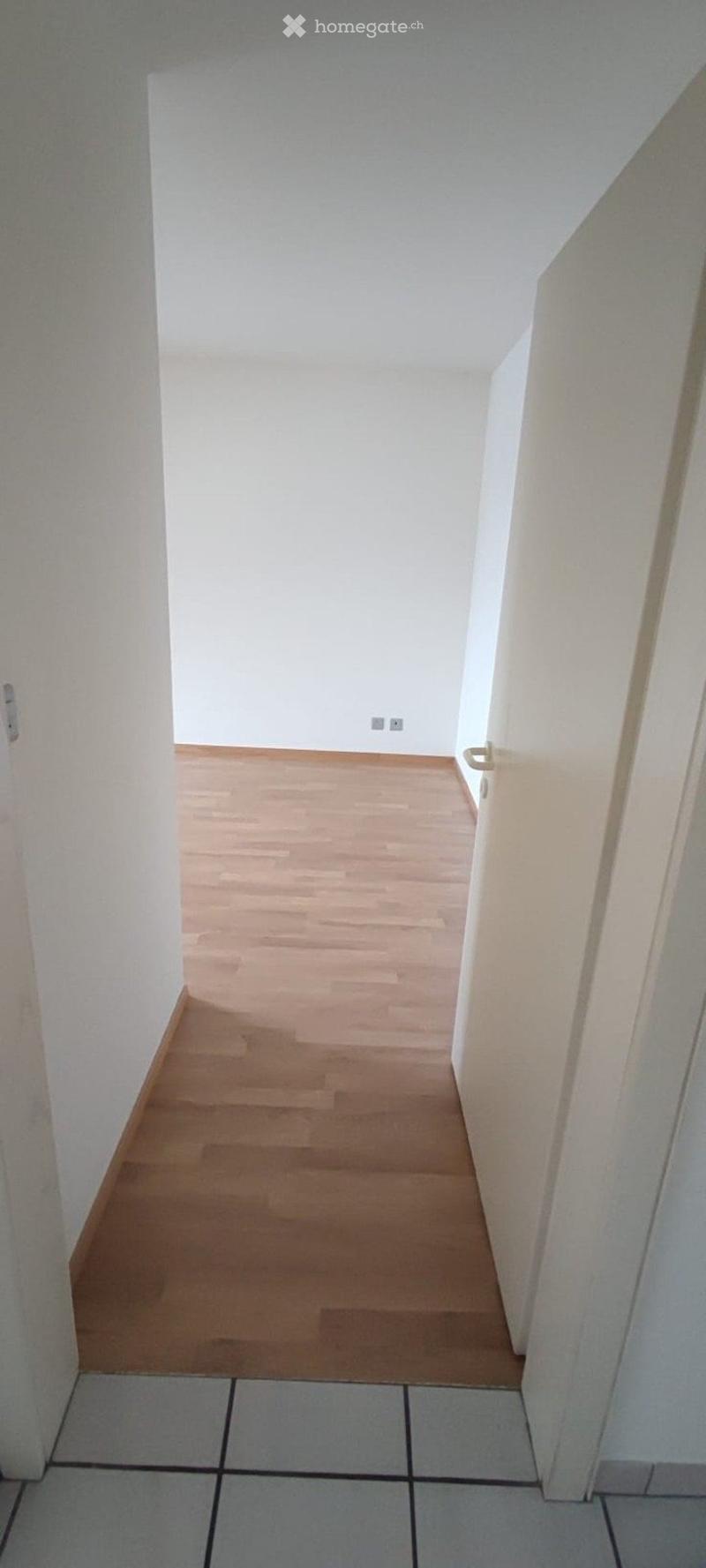 Empty hallway with light wooden flooring and white walls, leading to an open space.