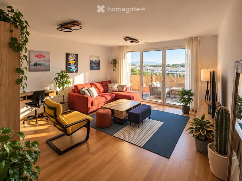 Modern living room with wooden flooring, large windows, and a view. Features a red sectional sofa, coffee table, ottoman, yellow armchair, and several plants.