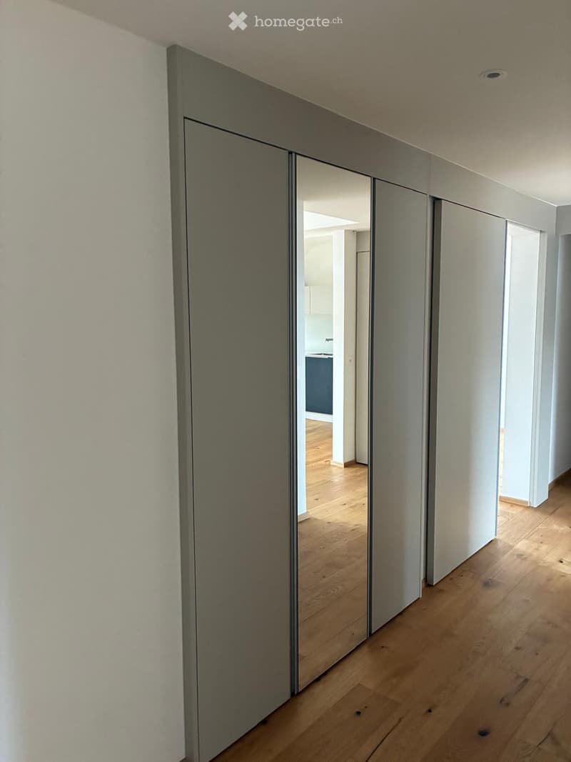 Modern hallway with light wooden flooring, white walls, and sliding doors leading to another room.