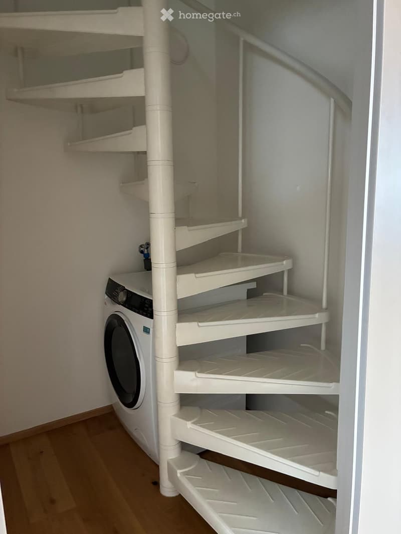 Wooden floor, spiral stairs, white walls, white washing machine