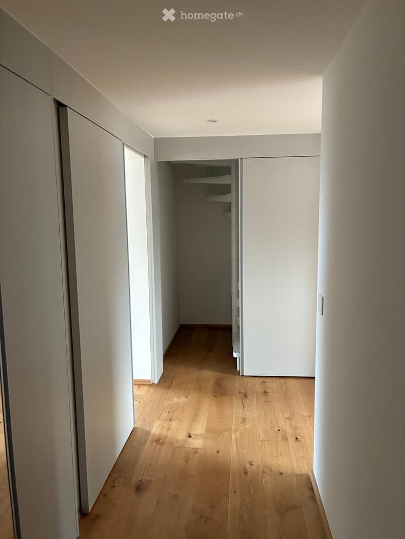 Empty hallway with wooden floor and white sliding doors, closet in the hallway