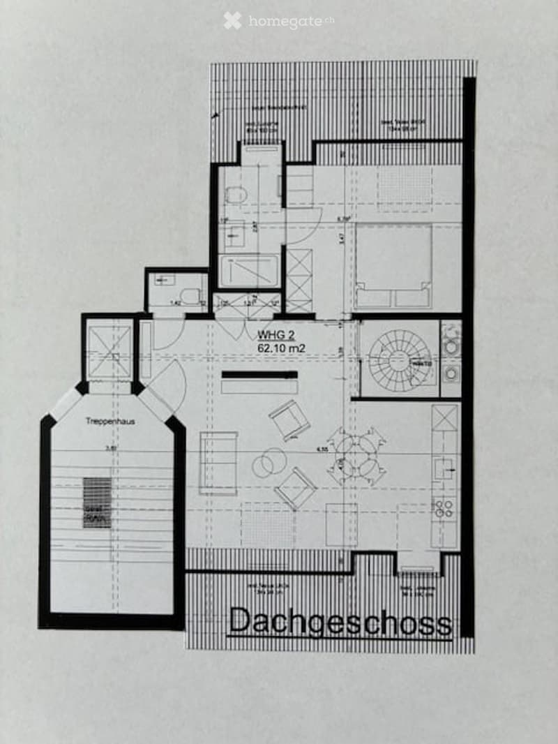Floor plan of a multi-level residential space, including a living area, kitchen, bedrooms, bathrooms, and a staircase leading to the attic level.