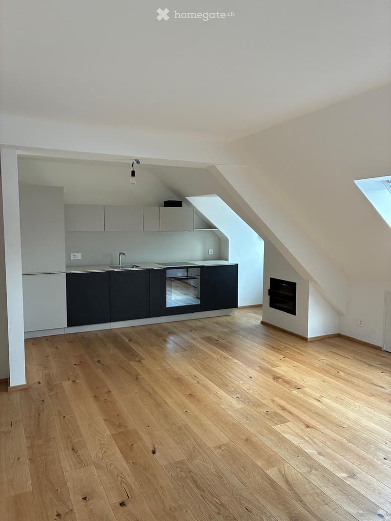 Modern kitchen with light wooden flooring, grey and black cabinets, a sink, and an oven. The space features a slanted ceiling with skylights and a fireplace on one side.