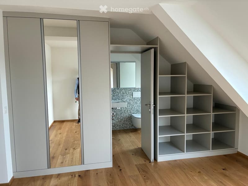 wooden floor, large gray built-in wardrobe, mirror, storage shelves, small bathroom with toilet and sink, white tiles