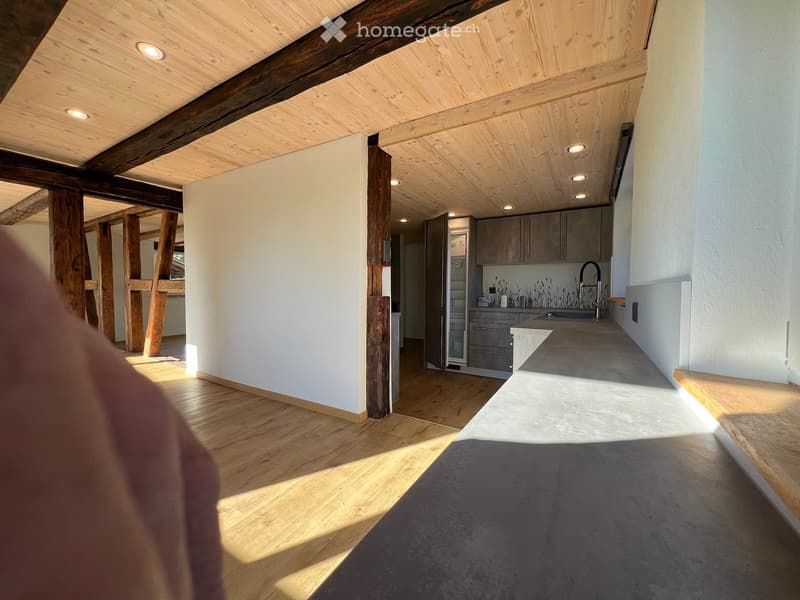 Open-plan living and kitchen area with wooden floors, exposed wooden beams, modern kitchen cabinets, and stainless steel appliances.