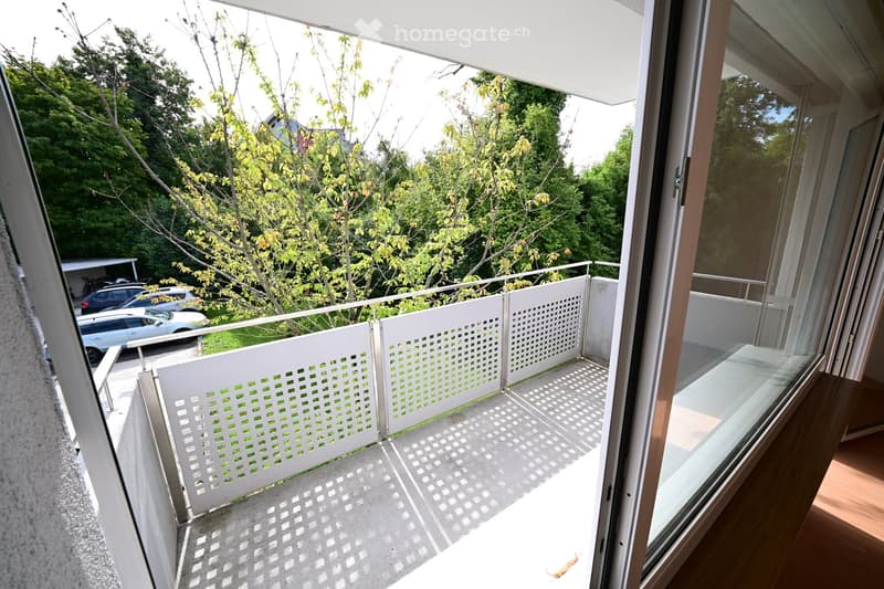 Balcony with white lattice fencing, overlooking a green, tree-filled area with parked cars below.