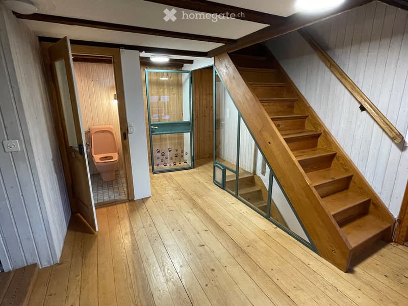 Wooden staircase with glass railing leads to a small bathroom with a toilet visible at the end of the hallway.
