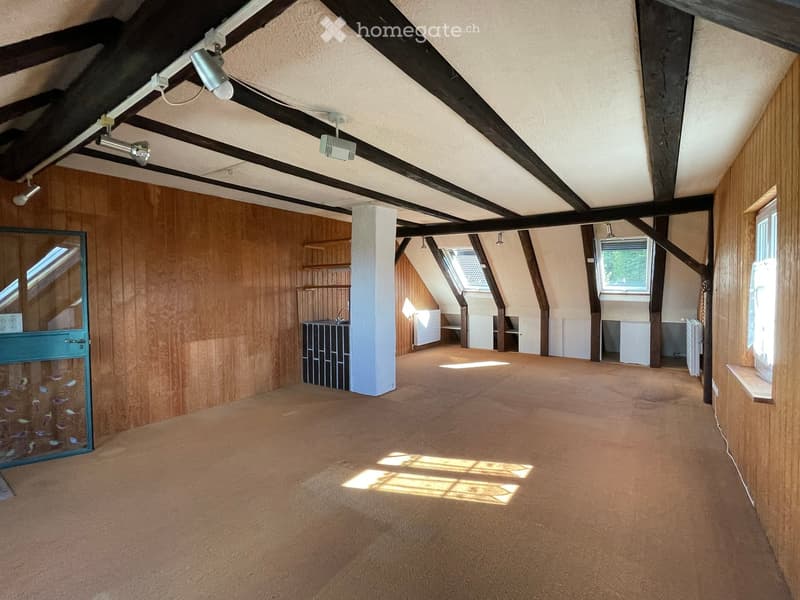Empty attic space with wooden walls, exposed beams, skylights, and carpeted floor. No furniture or equipment present.