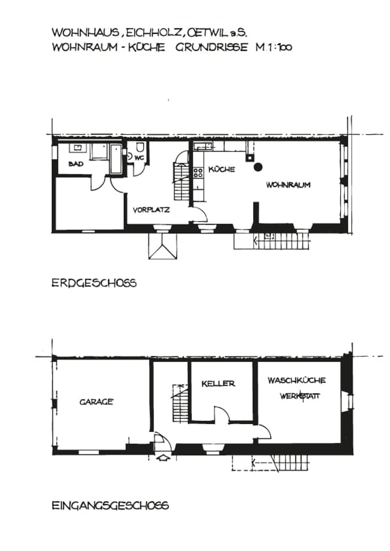 Floor plan of a two-story residential house with living room, kitchen, bathroom, WC, garage, cellar, and utility room.