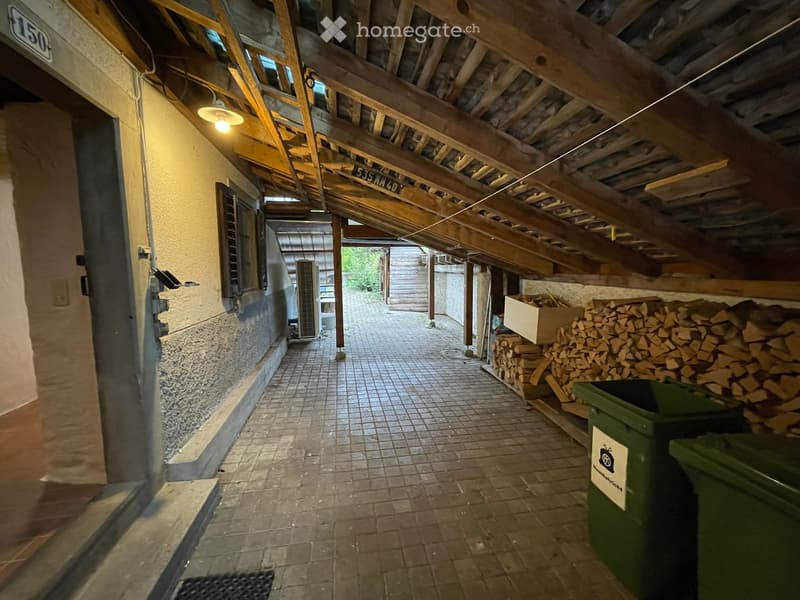 A narrow, wooden-beamed corridor with tiled flooring, leading to an outdoor area. Features include exposed wooden beams, a light fixture, a stack of firewood, and a green waste bin.