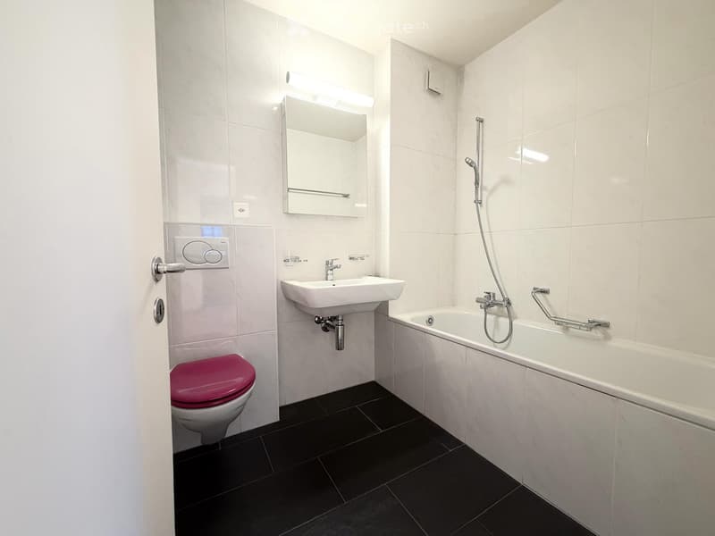 Modern bathroom with white tiles, black floor, toilet with pink seat, sink, bathtub with shower hose, and a mirror above the sink.