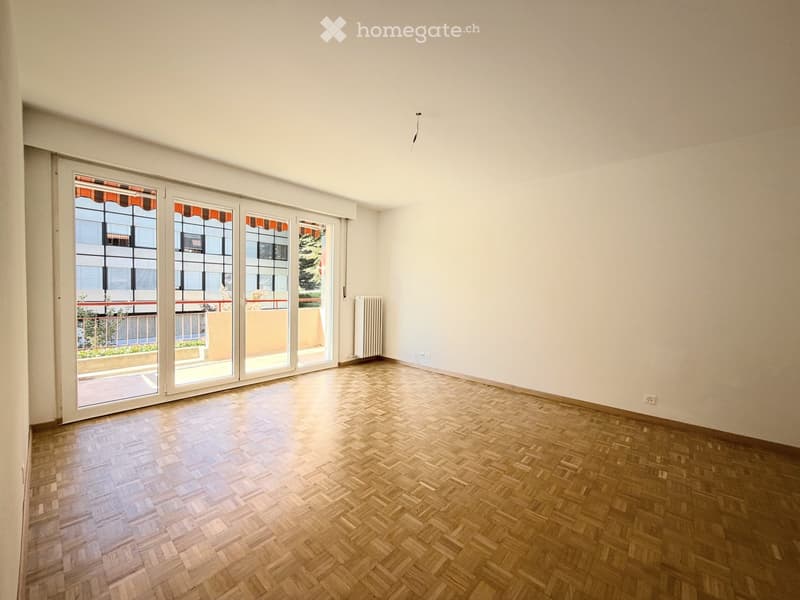 Empty room with wooden herringbone flooring, white walls, large sliding glass doors leading to a balcony, and a radiator on one wall.