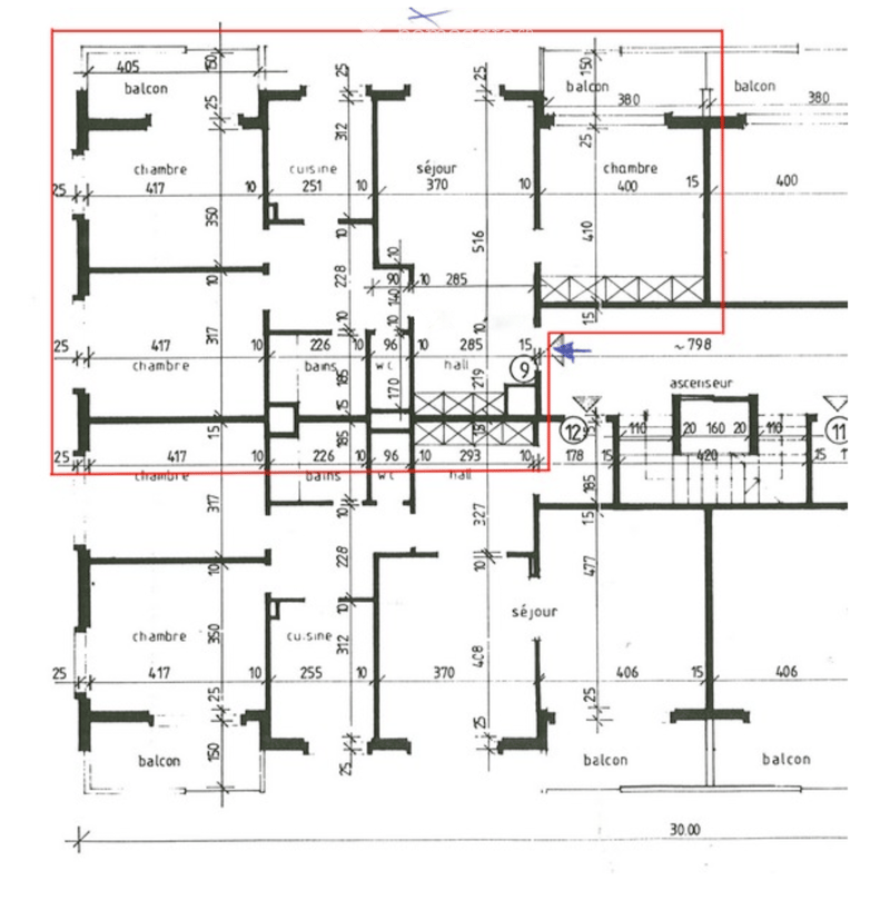 Floor plan showing multiple rooms including bedrooms, bathrooms, living room, kitchen, and balconies.