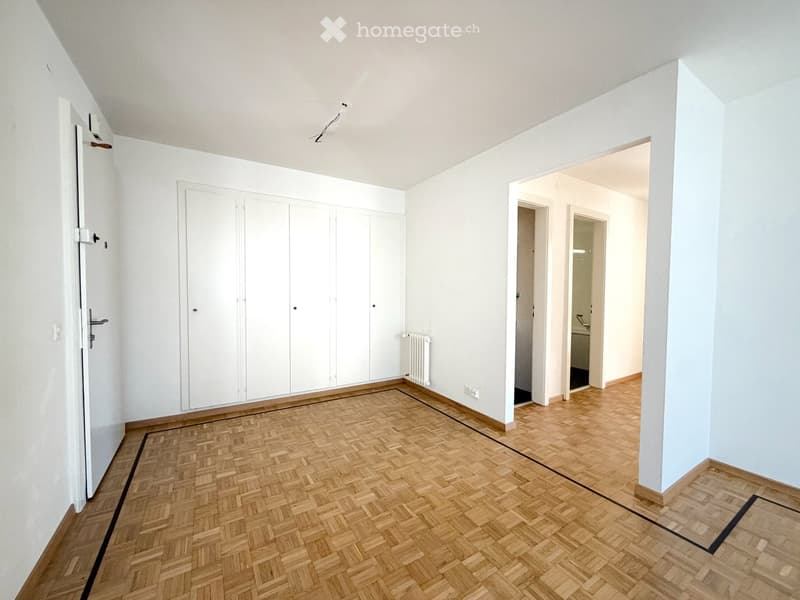 Empty room with light-colored walls, wooden herringbone flooring, and a built-in white closet. A doorway leads to another room with similar flooring.