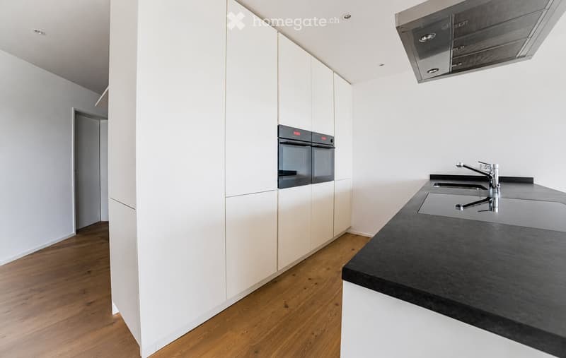 Modern kitchen with white cabinets, black countertop, stainless steel sink and faucet, and built-in oven.