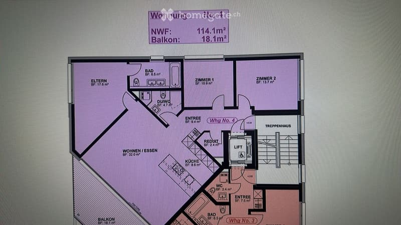 Floor plan of apartment No. 4 with 114.1 m² living area and 18.1 m² balcony, including rooms: living/dining, kitchen, bedroom, bathroom, hallway, and entrance.