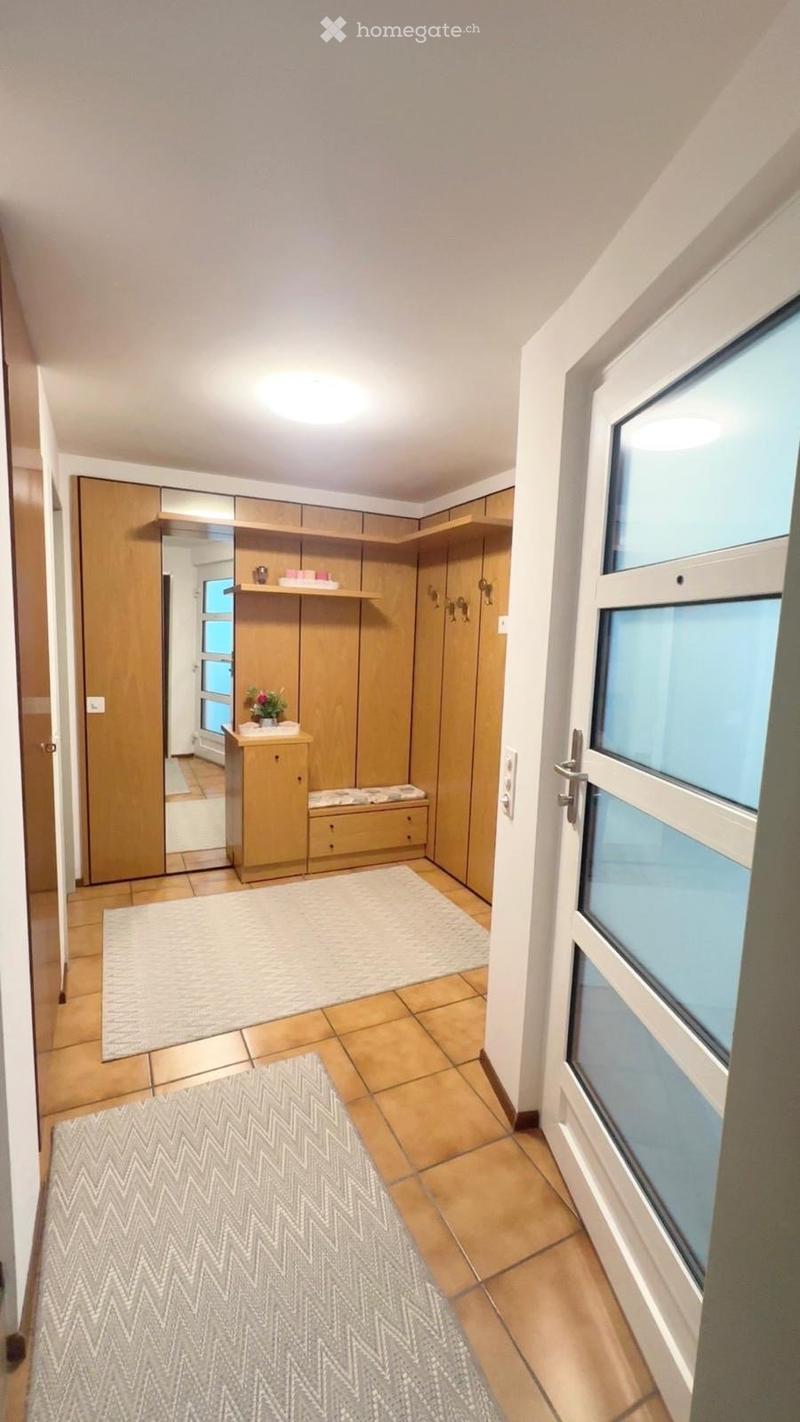A well-lit hallway with wooden flooring, a large wardrobe with mirrored doors, a small shelf with decorative items, and a grey patterned rug.