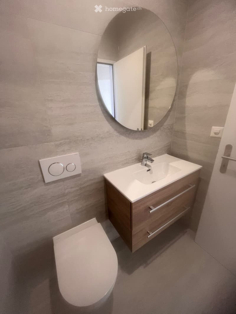 Modern bathroom with a white sink, wooden cabinet, round mirror, and toilet. Light gray tiled walls and floor.