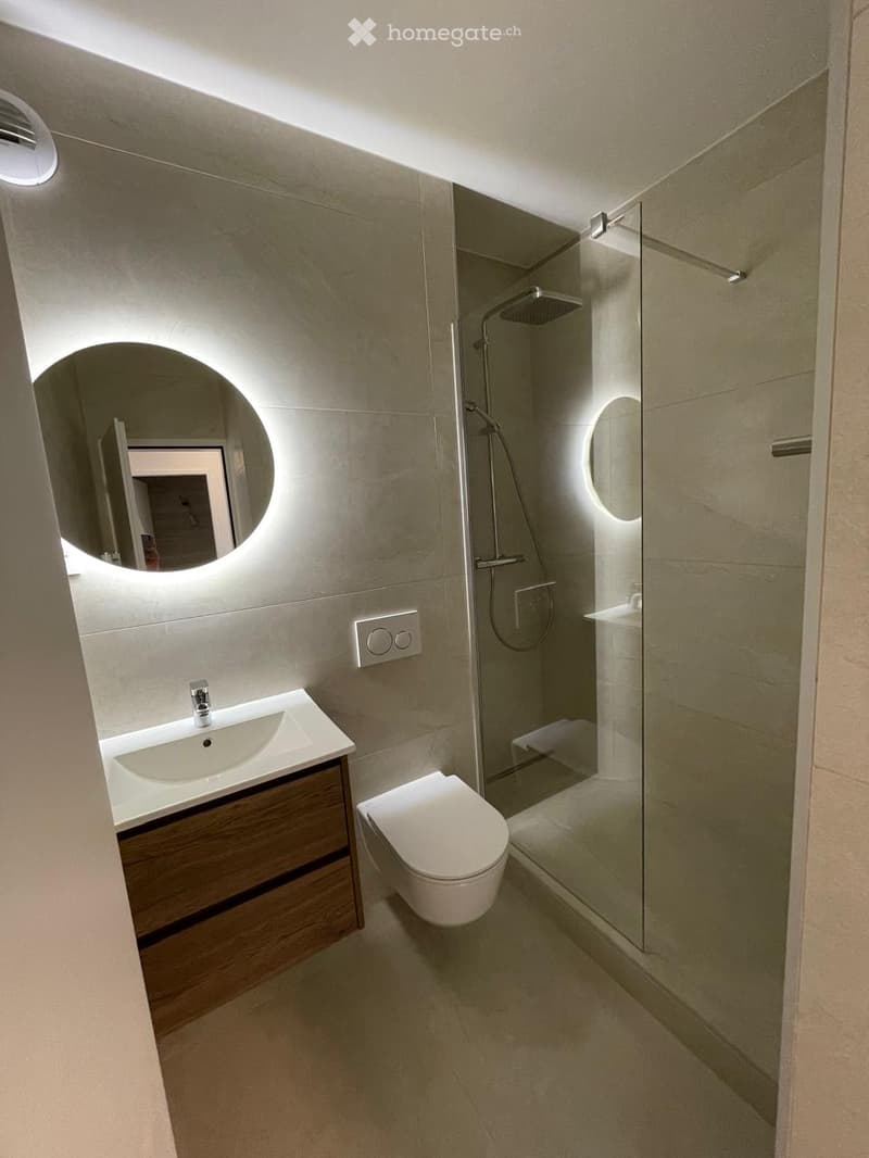 Modern bathroom with a white sink, toilet, glass-enclosed shower, and illuminated mirrors.