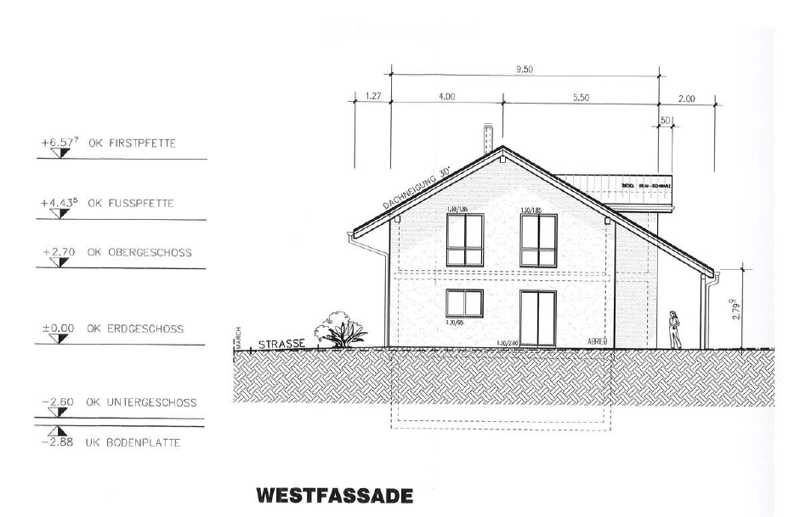 West facade of a two-story house with a raised ground floor, showing dimensions and levels including first floor, ground floor, and basement.