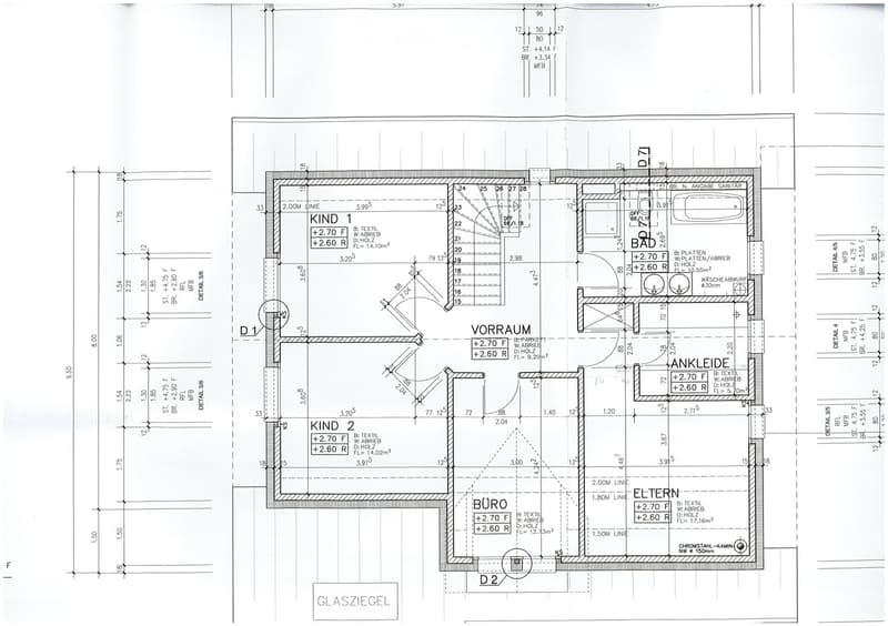 Floor plan of a residential space with labeled rooms including two bedrooms (Kind 1 and Kind 2), a bathroom, hallway, office, and living area. Dimensions and floor levels are indicated.