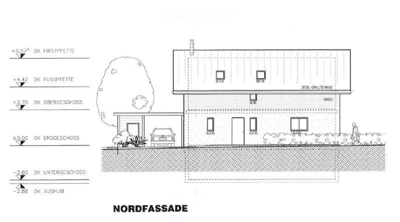 North facade of a two-story building with a raised ground floor, garage, and basement. Includes measurements and elevation levels.