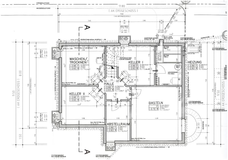 Floor plan of a basement level showing multiple rooms including a hallway, two cellars, a utility room, and a heating room. Includes measurements, structural details, and technical annotations.